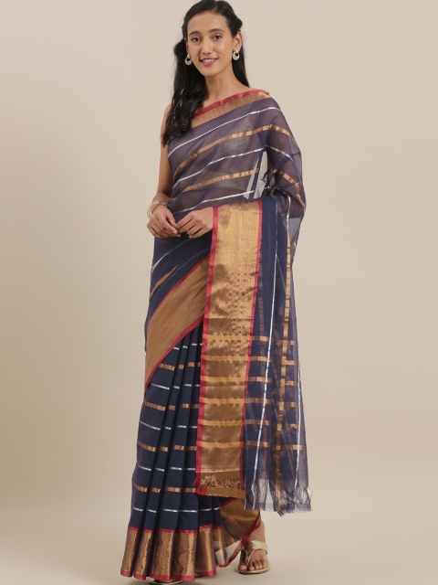 

The Chennai Silks Navy Blue & Gold-Toned Pure Cotton Striped Venkatgiri Saree