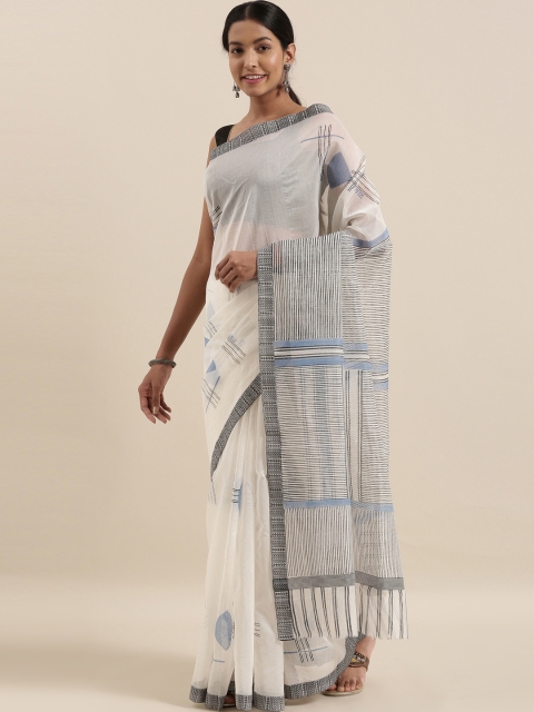 

The Chennai Silks Off-White & Grey Cotton Blend Printed Chanderi Saree