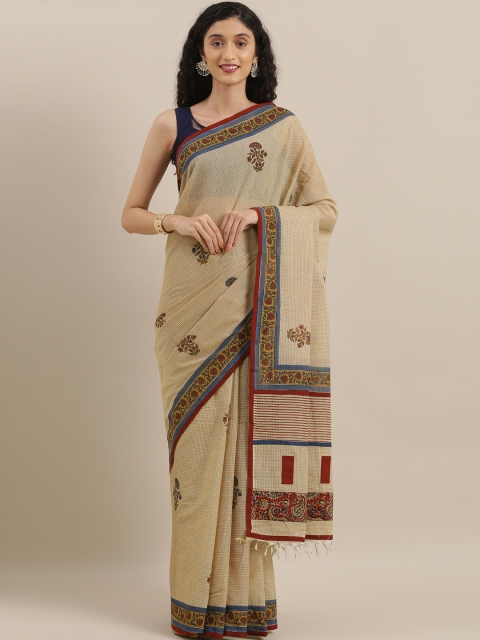 

The Chennai Silks Beige & Brown Cotton Blend Printed Chanderi Saree
