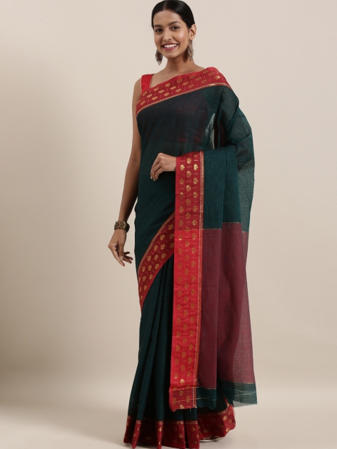 

The Chennai Silks Teal Green & Red Pure Cotton Striped Saree