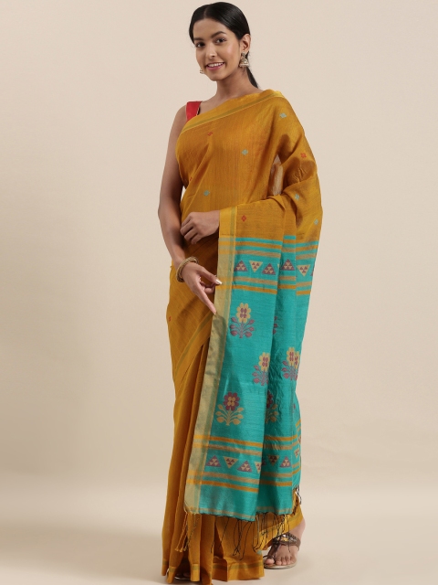

The Chennai Silks Classicate Mustard Yellow & Blue Pure Linen Woven Design Saree