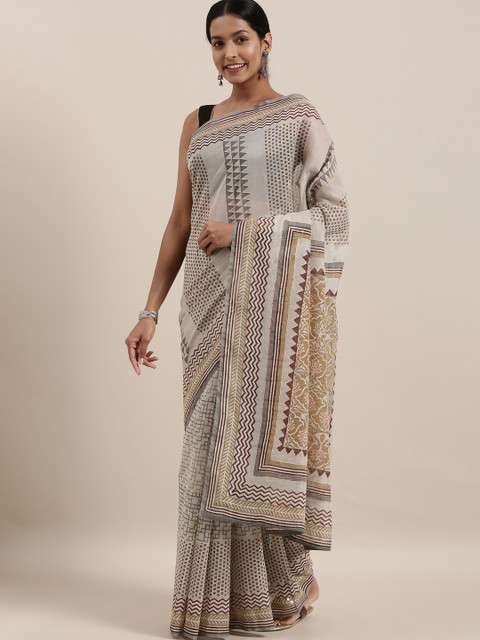 

The Chennai Silks Beige & Brown Cotton Blend Embroidered & Sequined Chanderi Saree