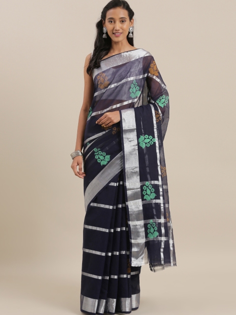 

The Chennai Silks Navy Blue & Silver-Toned Pure Cotton Printed Venkatgiri Saree