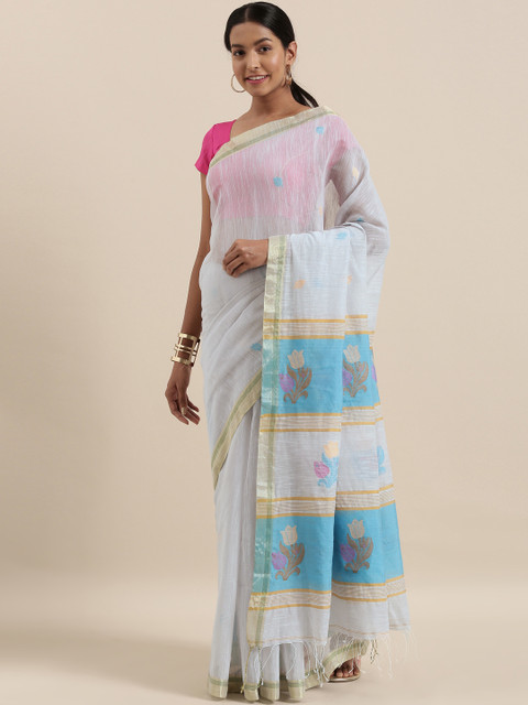

The Chennai Silks Grey & Blue Pure Linen Woven Design Saree