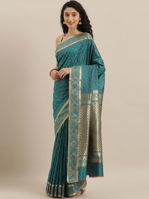 

The Chennai Silks Classicate Teal Green & Gold-Toned Art Silk Checked Saree