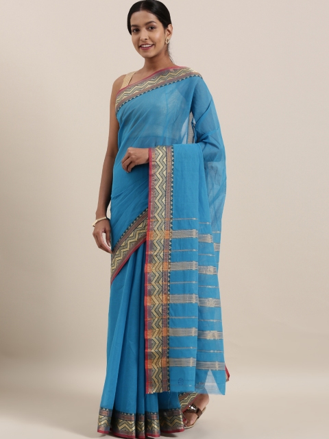 

The Chennai Silks Blue & Gold-Toned Pure Cotton Solid Saree