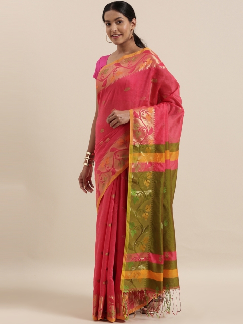 

The Chennai Silks Pink & Olive Green Cotton Blend Woven Design Chanderi Saree