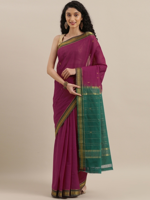 

The Chennai Silks Classicate Burgundy & Green Pure Cotton Woven Design Saree