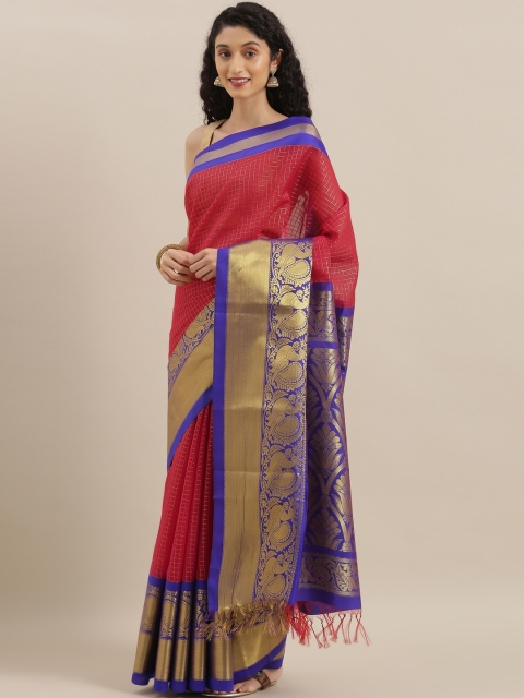 

The Chennai Silks Classicate Red & Gold-Toned Pure Cotton Checked Gadwal Saree
