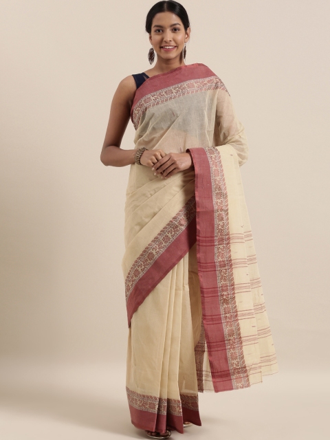 

The Chennai Silks Beige & Maroon Pure Cotton Woven Design Taant Saree