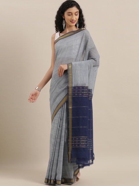 

The Chennai Silks Grey & Navy Blue Pure Cotton Checked Saree