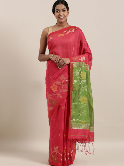 

The Chennai Silks Pink & Lime Green Cotton Blend Woven Design Chanderi Saree