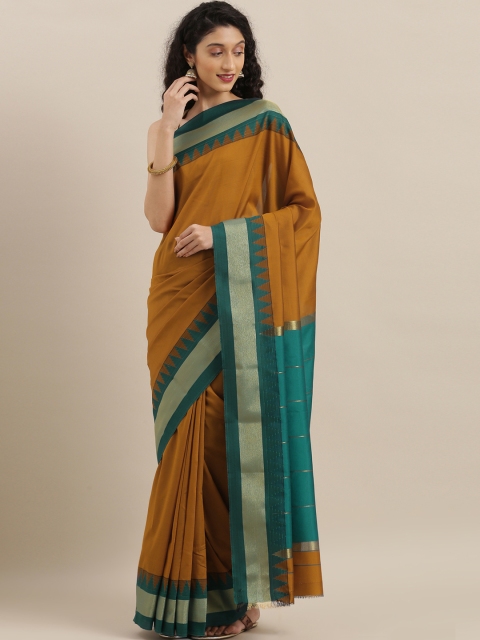 

The Chennai Silks Mustard Yellow & Teal Green Art Silk Solid Saree with Zari Border