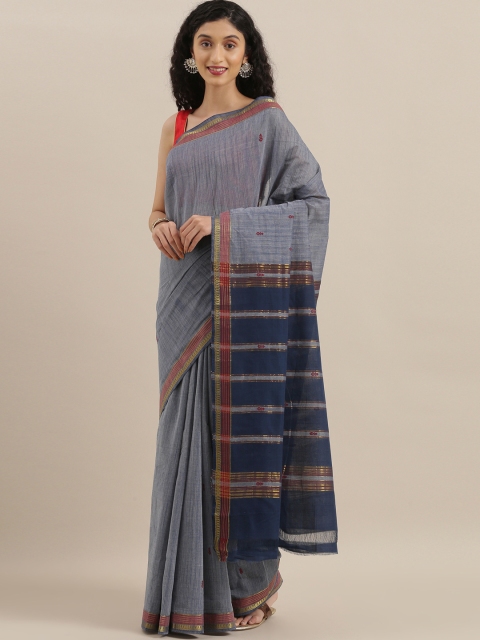 

The Chennai Silks White & Navy Blue Pure Cotton Striped Saree