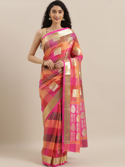 

The Chennai Silks Pink & Orange Art Silk Checked Saree