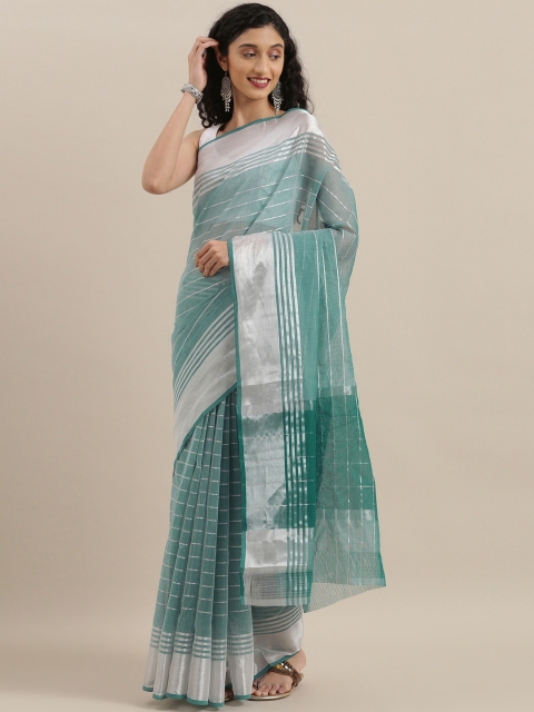 

The Chennai Silks Classicate Green & Silver-Toned Pure Cotton Striped Venkatgiri Saree