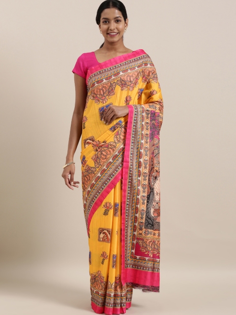 

The Chennai Silks Mustard Yellow & Pink Polyester Printed Saree