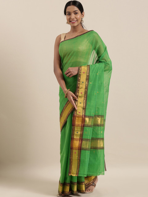 

The Chennai Silks Classicate Green & Gold-Toned Pure Cotton Woven Design Venkatgiri Sustainable Saree