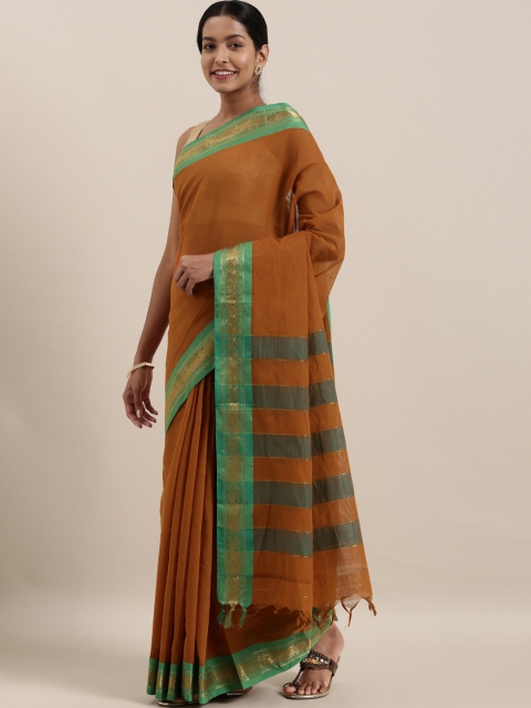 

The Chennai Silks Rust Orange & Green Pure Cotton Solid Saree