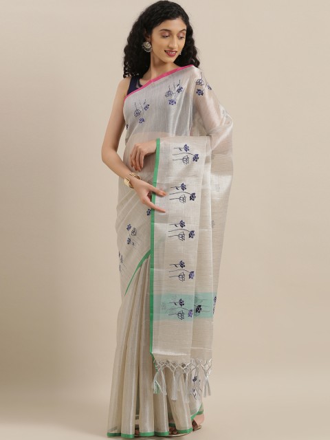 

The Chennai Silks Classicates Silver-Toned & Blue Cotton Blend Embroidered Saree