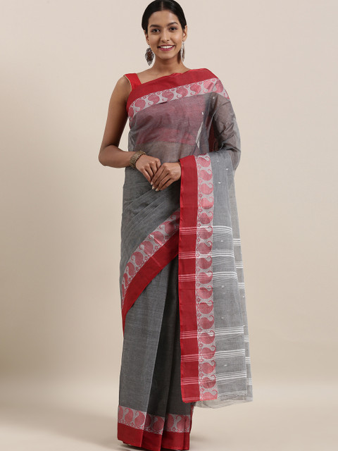 

The Chennai Silks Classicate Grey & Maroon Pure Cotton Woven Design Taant Saree