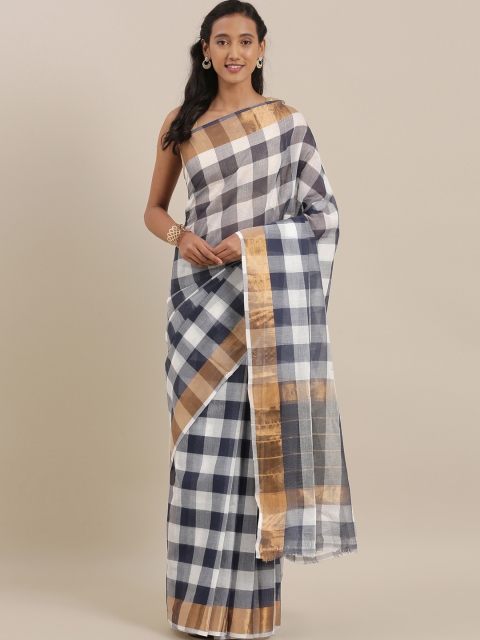 

The Chennai Silks Navy Blue & White Pure Cotton Checked Venkatgiri Sustainable Saree