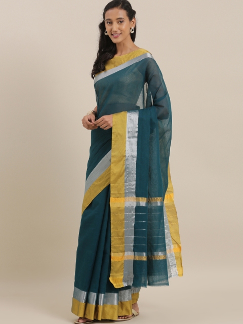 

The Chennai Silks Classicate Teal Green & Silver-Toned Pure Cotton Solid Venkatgiri Saree