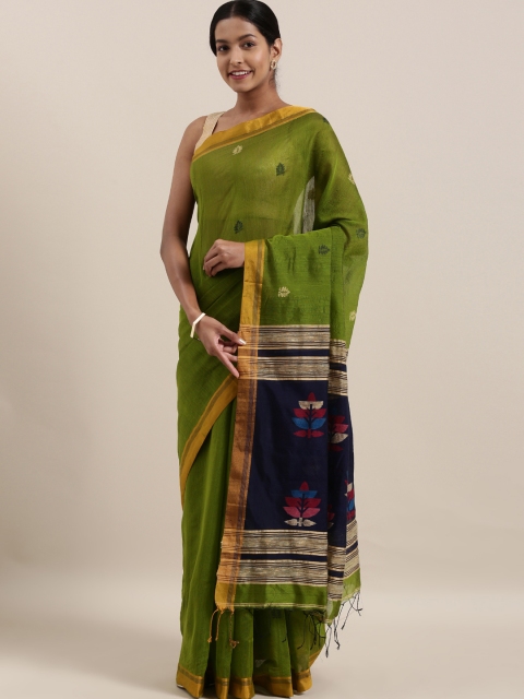 

The Chennai Silks Green & Navy Blue Pure Linen Woven Design Saree