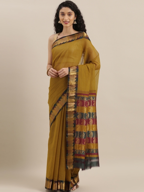 

The Chennai Silks Classicates Mustard Yellow & Gold-Toned Pure Cotton Striped Gadwal Saree