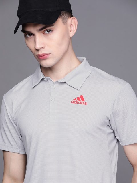 

ADIDAS Men Grey Heather Tennis Polo Collar 2 Heat Ready T-shirt