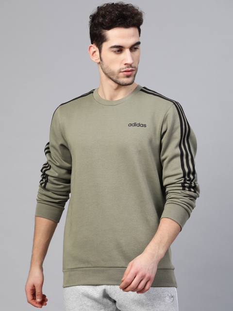 

ADIDAS Men Green Solid 3-Stripes Crew Sports Sweatshirt with Brand Logo Print Detail