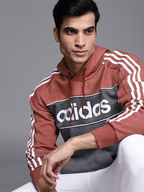 

ADIDAS Men Red & Charcoal Grey Brand Logo Printed Hooded Sweatshirt