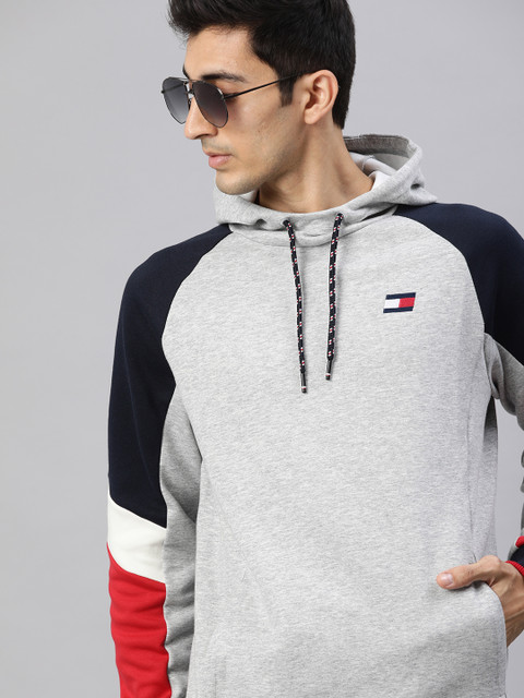 

Tommy Hilfiger Men Grey & Red Colourblocked Hooded Sweatshirt