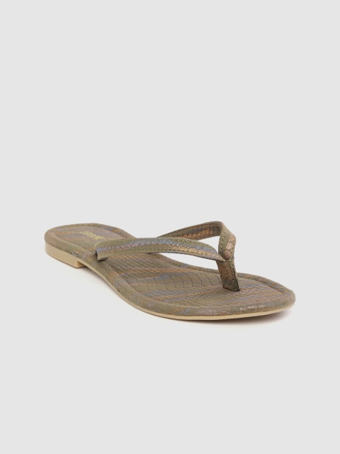 

Lavie Women Olive Green & Gold-Toned Shimmer Snake-Textured Open Toe Flats