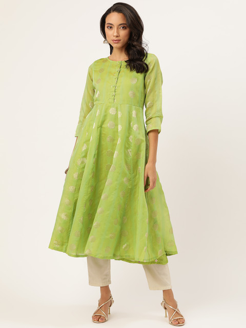 

Shae by SASSAFRAS Women Green & Golden Jacquard Woven Design Anarkali Kurta