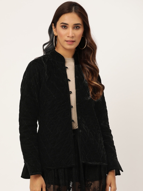 

Shae by SASSAFRAS Women Black Solid Quilted Jacket with Velvet Finish