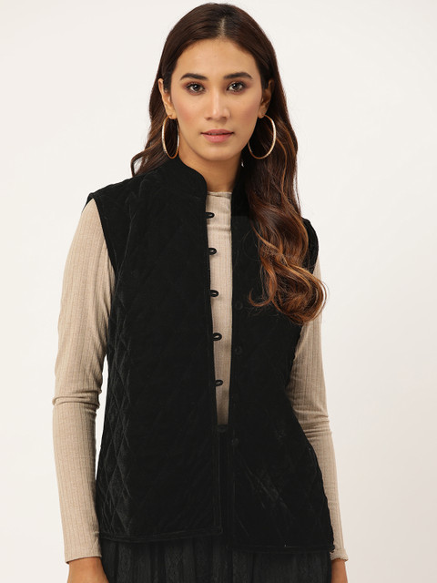

Shae by SASSAFRAS Women Black Solid Quilted Jacket with Velvet Finish