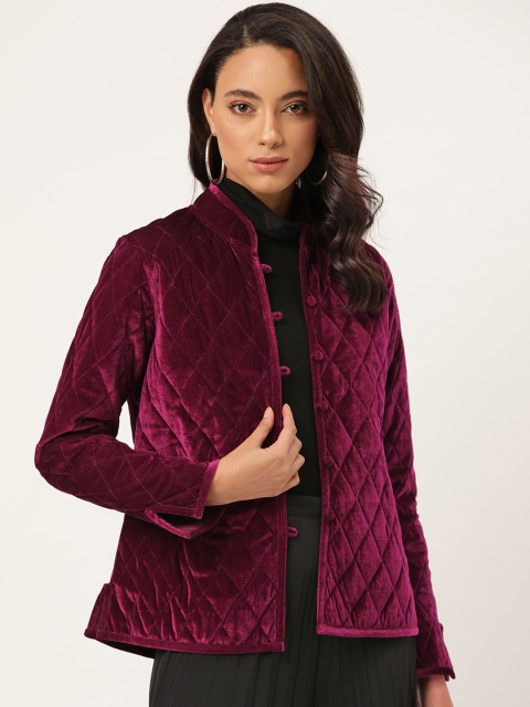 

Shae by SASSAFRAS Women Burgundy Solid Quilted Jacket with Velvet Finish