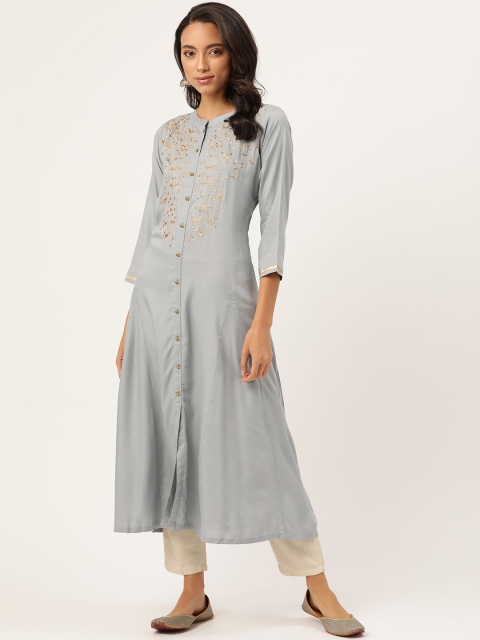 

Shae by SASSAFRAS Women Grey Zari Yoke Design A-Line Kurta