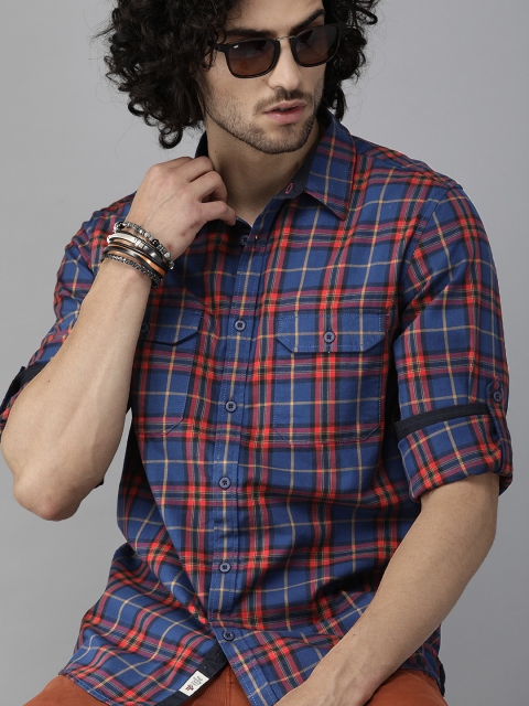 Roadster Men Blue & Red Regular Fit Checked Twill Casual Shirt