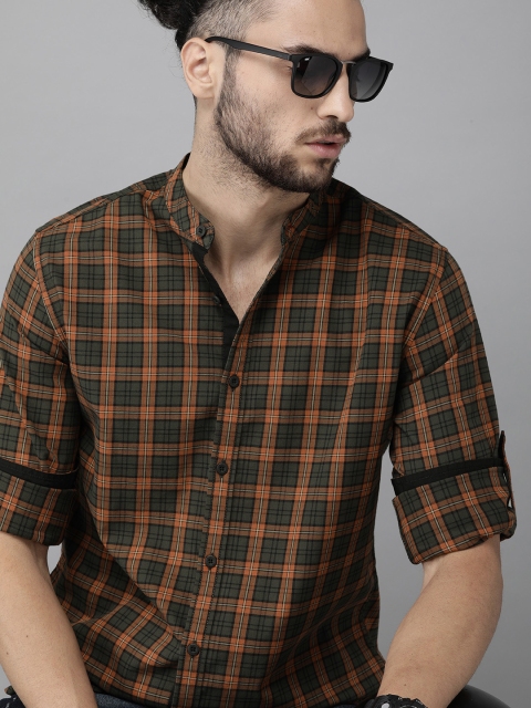 

Roadster Men Olive Green & Orange Checked Pure Cotton Regular Fit Casual Shirt