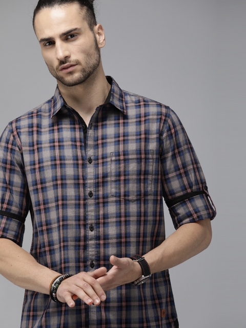 

Roadster Men Grey & Blue Checked Pure Cotton Slim Fit Casual Shirt