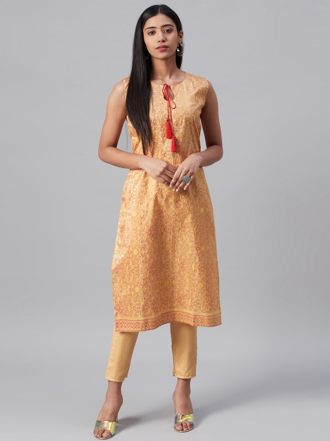 

ZIYAA Women Golden & Pink Foil Printed Kurta with Trousers, Gold