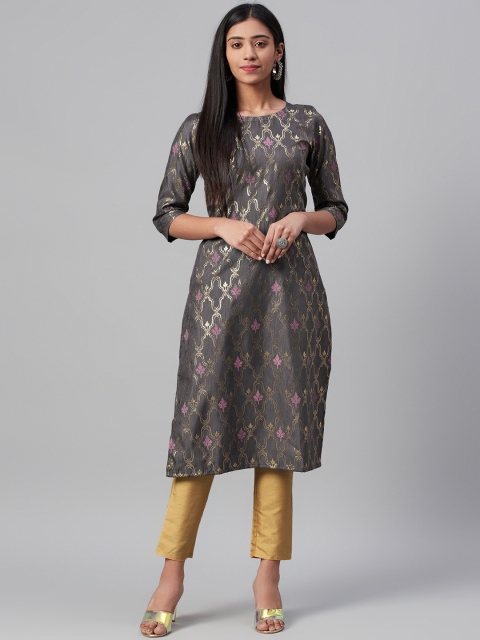 

ZIYAA Women Charcoal Grey & Golden Foil Print Kurta with Trousers