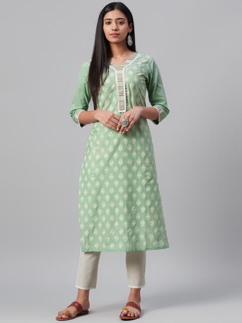 

ZIYAA Women Sea Green & Off-White Screen Print Kurta with Trousers