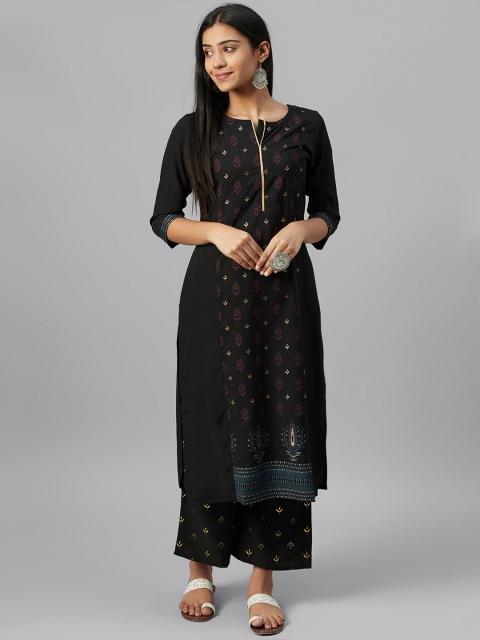 

ZIYAA Women Black & Golden Foil Print Kurta with Palazzos