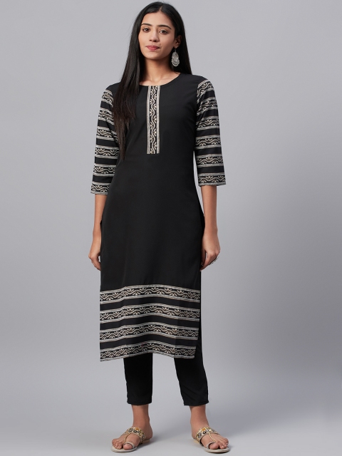 

ZIYAA Women Black & White Foil Print Kurta with Trousers