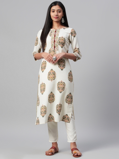 

ZIYAA Women Off-White & Rust Ethnic Motif Print Kurta with Trousers