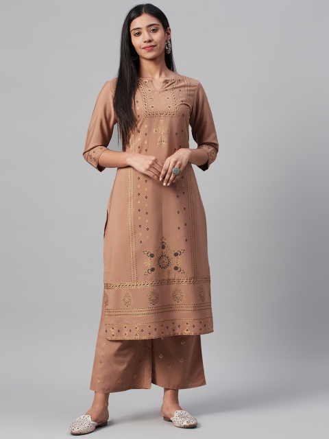 

ZIYAA Women Beige & Golden Foil Printed Kurta with Palazzos