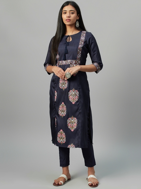 

ZIYAA Women Navy Blue & Pink Foil Print Kurta with Trousers